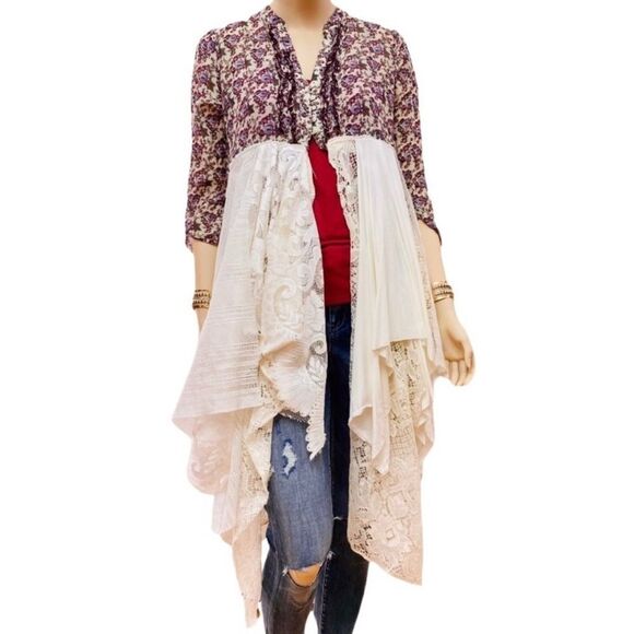 Colorful Floral Mulit Layer Long Asymmetric Boho Festival Kimono Duster - Picture 3 of 4
